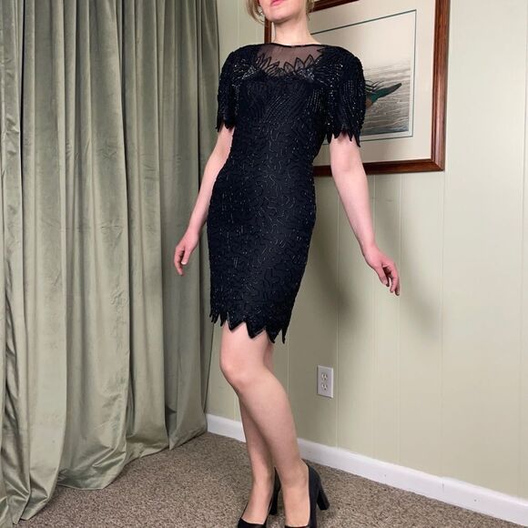 Vintage 80s Denise Elle Black Beaded Dress, size petite S - GUC - Picture 1 of 8